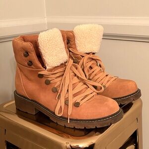 Rampage Women's Lace-Up Tan Boots with Cream Accents